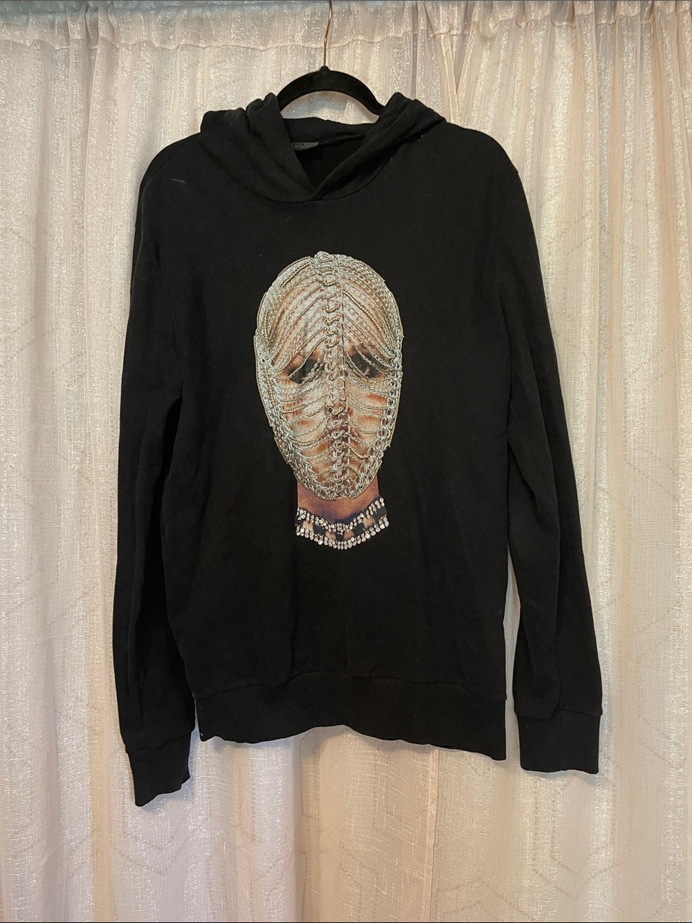 Black Graphic Hoodie with Embellished Mask Print